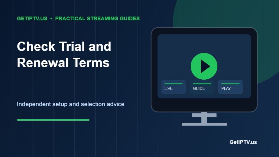 Original GetIPTV illustration showing IPTV trial price renewal and cancellation terms checklist