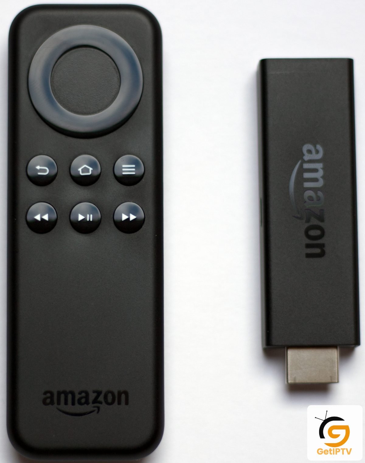 Photo of an Amazon Fire TV Stick and remote control with GetIPTV logo added
